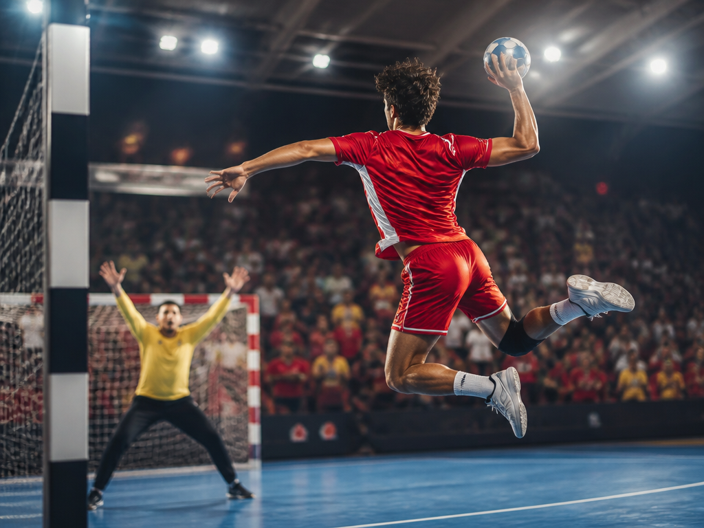 Handbollsspelare i hoppskott i dramatiskt ljus