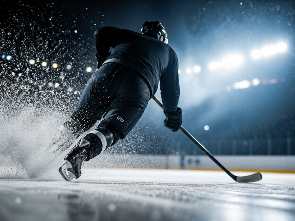 Hockeyspelare i isspray i dramatiskt motljus