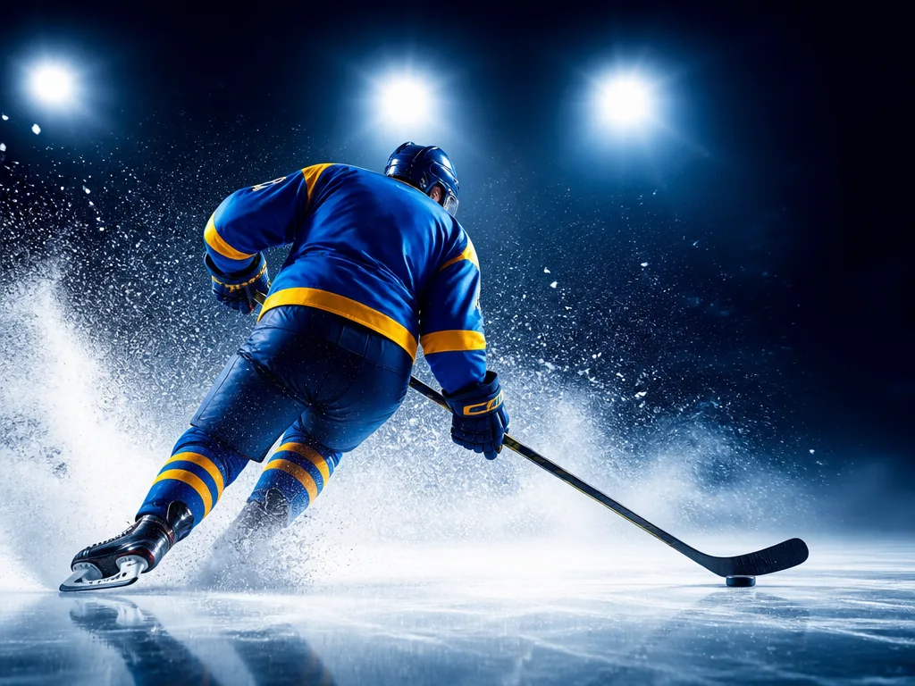 Hockeyspelare i blå tröja under strålkastarljus på isen