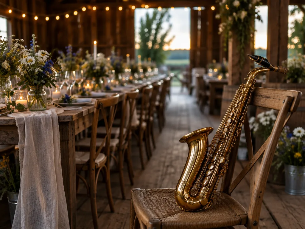 Saxofon på en trästol vid ett sommarbröllop i en lada med ljusslingor och blommor på långborden