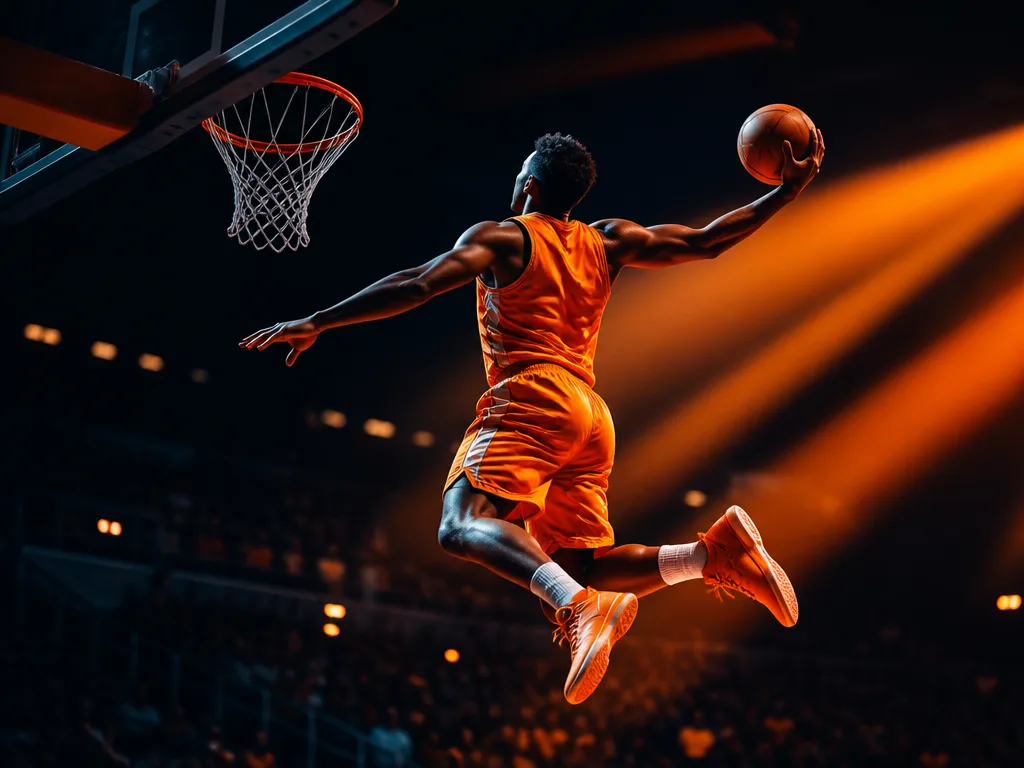 Basketspelare i upphopp mot korgen i dramatiskt arenaljus