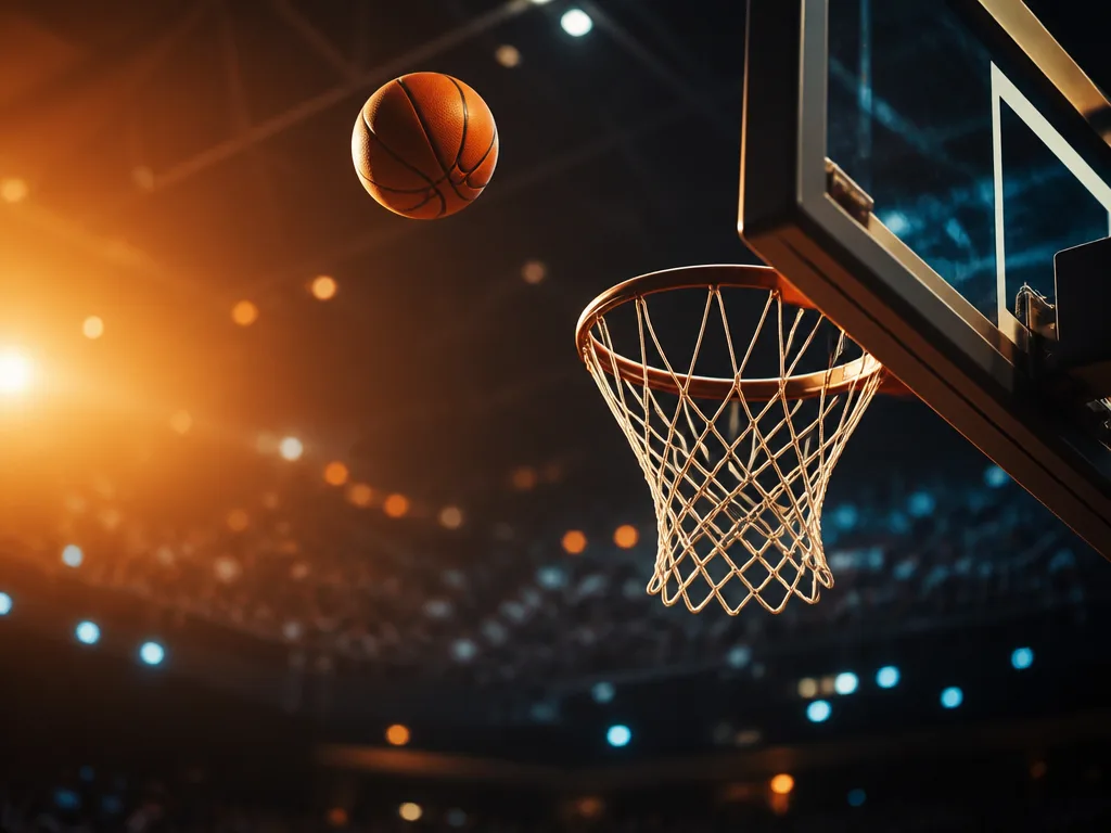 Basketboll på väg mot korgen i en NBA-arena