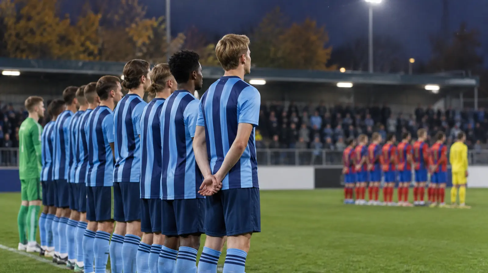 Spelare ställda på rad inför avspark i kvällsljus