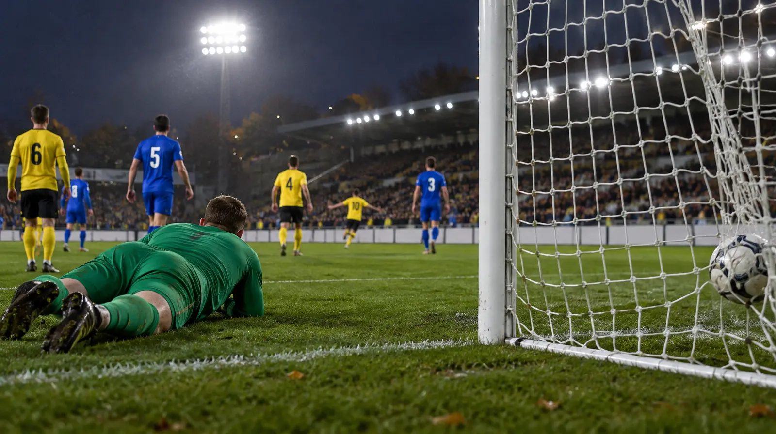 Bollen i nät bakom målvakten på en kvällsmatch i allsvenskan