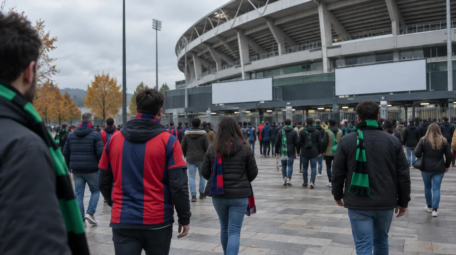 Supportrar i klubbfärger går mot entréerna inför avspark en höstkväll