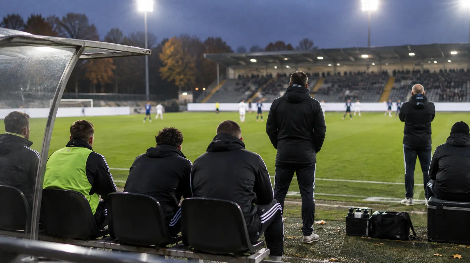 Avbytare och staben följer matchen från bänken i kvällsljus