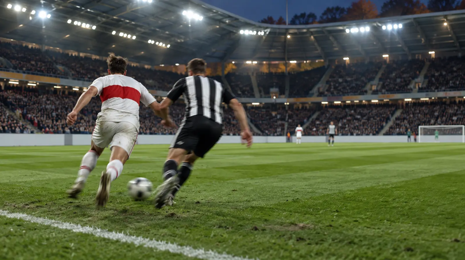 Två spelare kämpar om bollen vid sidlinjen i kvällsljus